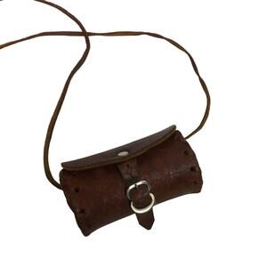 Handmade Brown Leather Oval Buckle Brown Coin Money Pouch Shoulder Strap